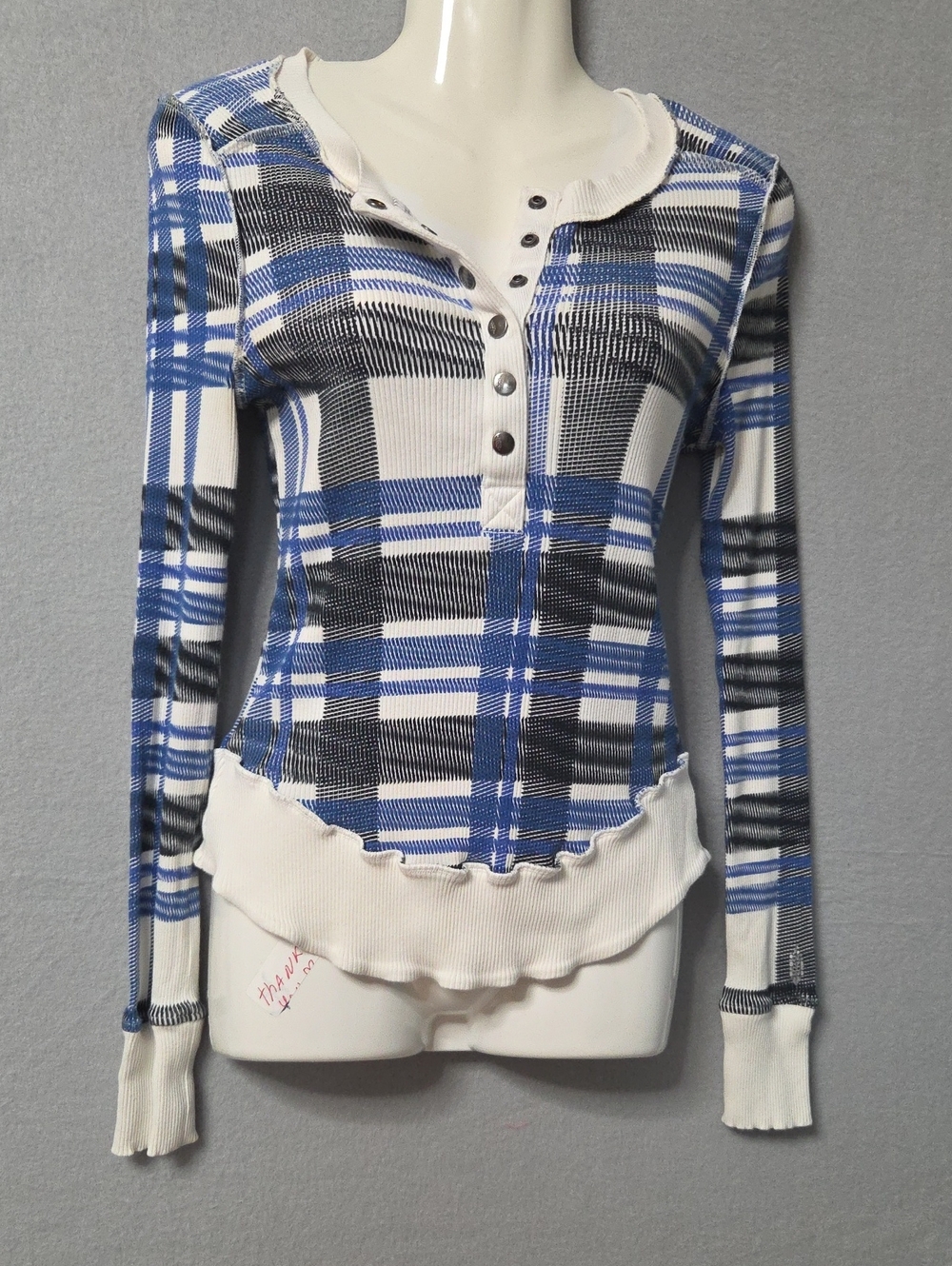 FP Movement by Free People Blue & White Plaid Ribbed Henley